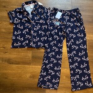 Navy Blue Kids Pajamas with Pink Bow Pattern